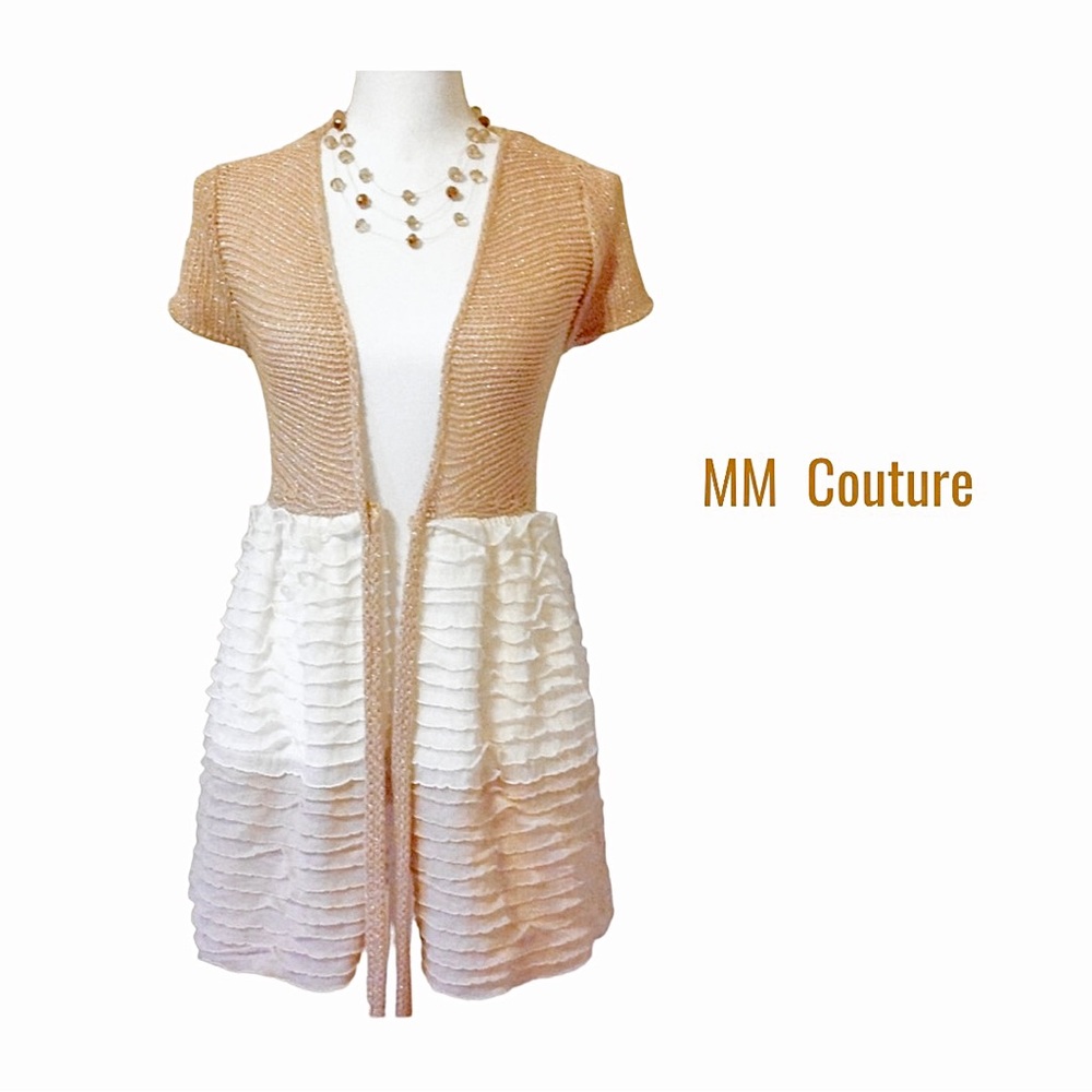🆕 MM COUTURE Metallic Gold Tie Front Long Cardigan w/Ivory & Beige Ruffles NWT - Picture 3 of 12
